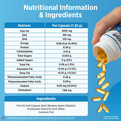 Centrum Omega 3 Fish Oil Capsules 1000mg Supplements | Omega 3 with 180mg EPA, 120mg DHA for Hair and Skin Health, Joint Health, Brain Health | No Fishy Aftertaste - 60 Capsules