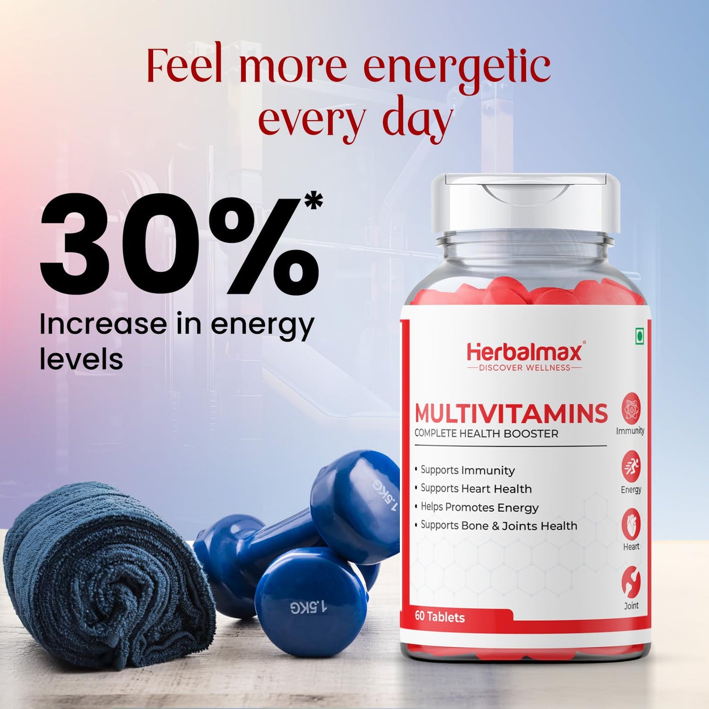 Herbal max Multivitamins Tablets for Men and Women with Zinc, Vitamin C, Vitamin D3, Multiminerals and Ginseng Extract, Enhances Energy, Stamina & Immunity - 60 Tablets