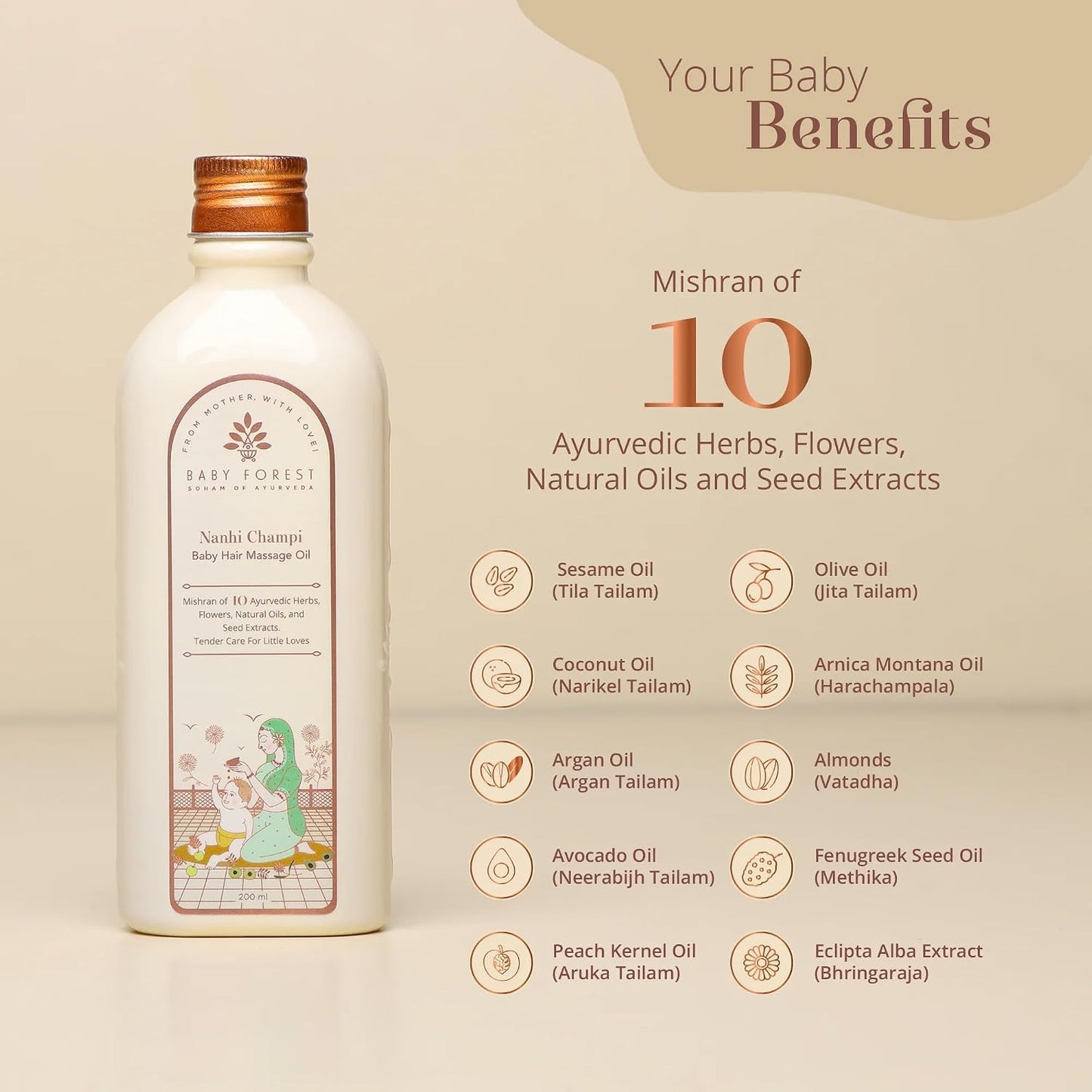 Baby Forest Nanhi Champi Baby Hair Oil | With 10 Ayurvedic Herbs & Oils Including Argan, Fenugreek & Bhringraj | Natural Hair Growth Oil for Babies | Derma Safe, Vegan, Cruelty-Free | 200ml