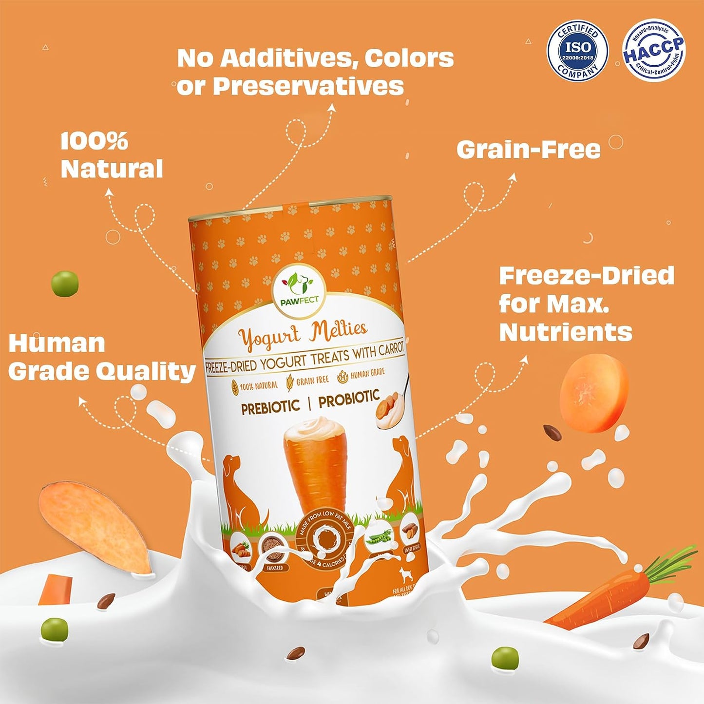 Pawfect Yogurt Melties Freeze Dried Pre and Probiotic Dog Treats with Carrot, Flaxseed, Pea & Sweet Potato - Healthy Gut - Low Calories - Grain & Gluten Free - Reward or Training Treats (38g/1.34oz)