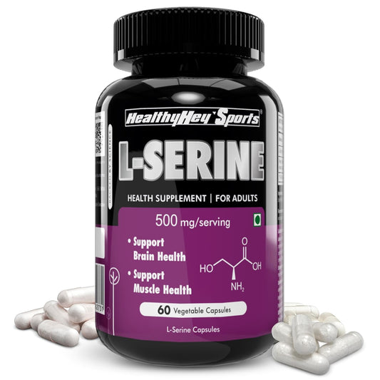 L-Serine supplement bottle with white capsules on a white background