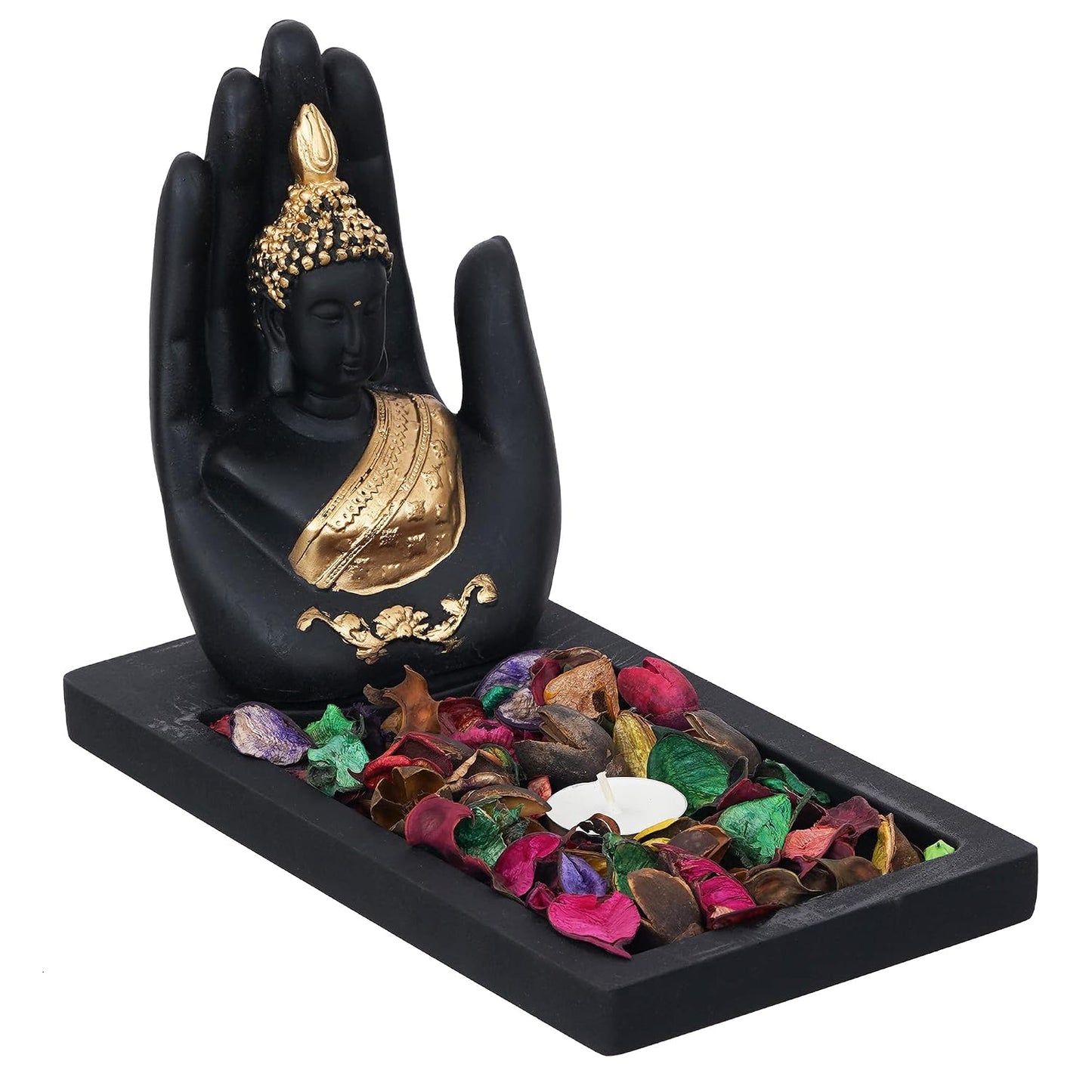 eCraftIndia Black Golden Resin Palm Buddha Idol Showpiece Potpourri Tea Light Candle Holder| Lord Buddha Statue Tea Light Holder| Diwali Decoration Items for Home Decor| Gift for Diwali Housewarming