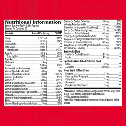 Zephivo GNC Mega Men One Daily Multivitamin | 60 Tablets | 32 Premium Ingredients | Promotes Men's Well-Being | Supports Muscle Function | Boosts Immunity | Improves Memory & Focus | Formulated In USA