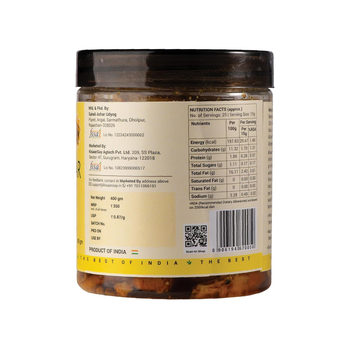 KisaanSay Jackfruit Pickle| Katahal ka Achar | Kathal achaar | 400 GM | Traditional Spicy & Tangy | No Preservatives, No Vinegar | Made in Pure Mustard Oil | Sun-Dried | Homemade Taste | Plastic Jar | No Onion & No Garlic | hodale | palapazham