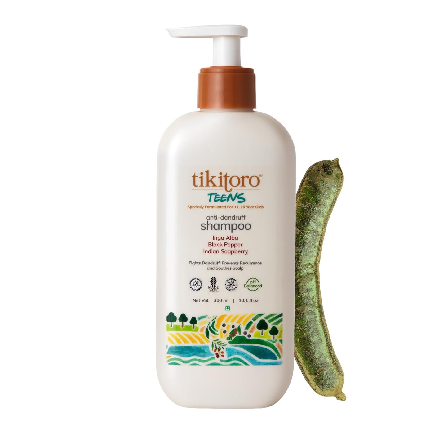 Tikitoro Teens Anti-dandruff Shampoo 100% Vegan with Aloe vera, Provitamin B5, Hibiscus, Rice Protein, Cleanses Scalp, Conditions Hair No Parabens & Sulphates (300ml x 1)