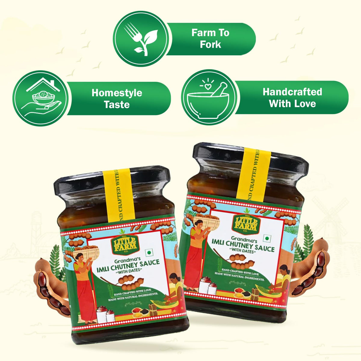 THE LITTLE FARM CO Grandma's Date & Tamarind Chutney (300g) Imli Chutney Tangy Sauce Made with Dates, Jaggery, Raisins & Natural Ingredients | Perfect with Samosa, Chaat, Pakoras & Snacks