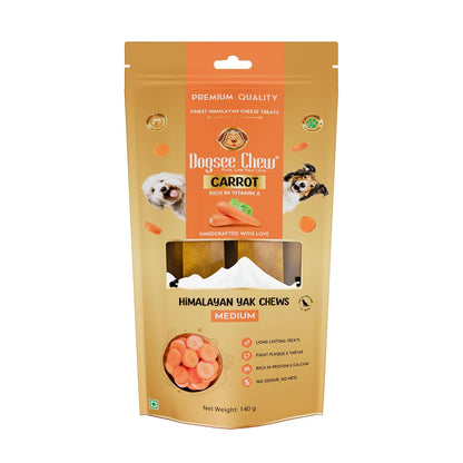 Dogsee Flavored Himalayan Yak Cheese Dental Chews for Dogs 140g (Medium - 2 Chews) | for Healthy Skin & Coat | No Grain, No Gluten | Odorless Dog Treats (Medium, Carrot)