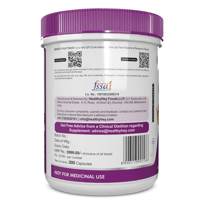 Back view of a supplement container with purple lid and white body, displaying branding and product details.