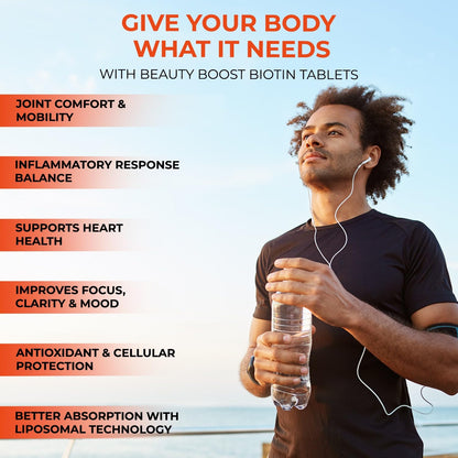 Man exercising outdoors with promotional text about Beauty Boost Biotin Tablets.