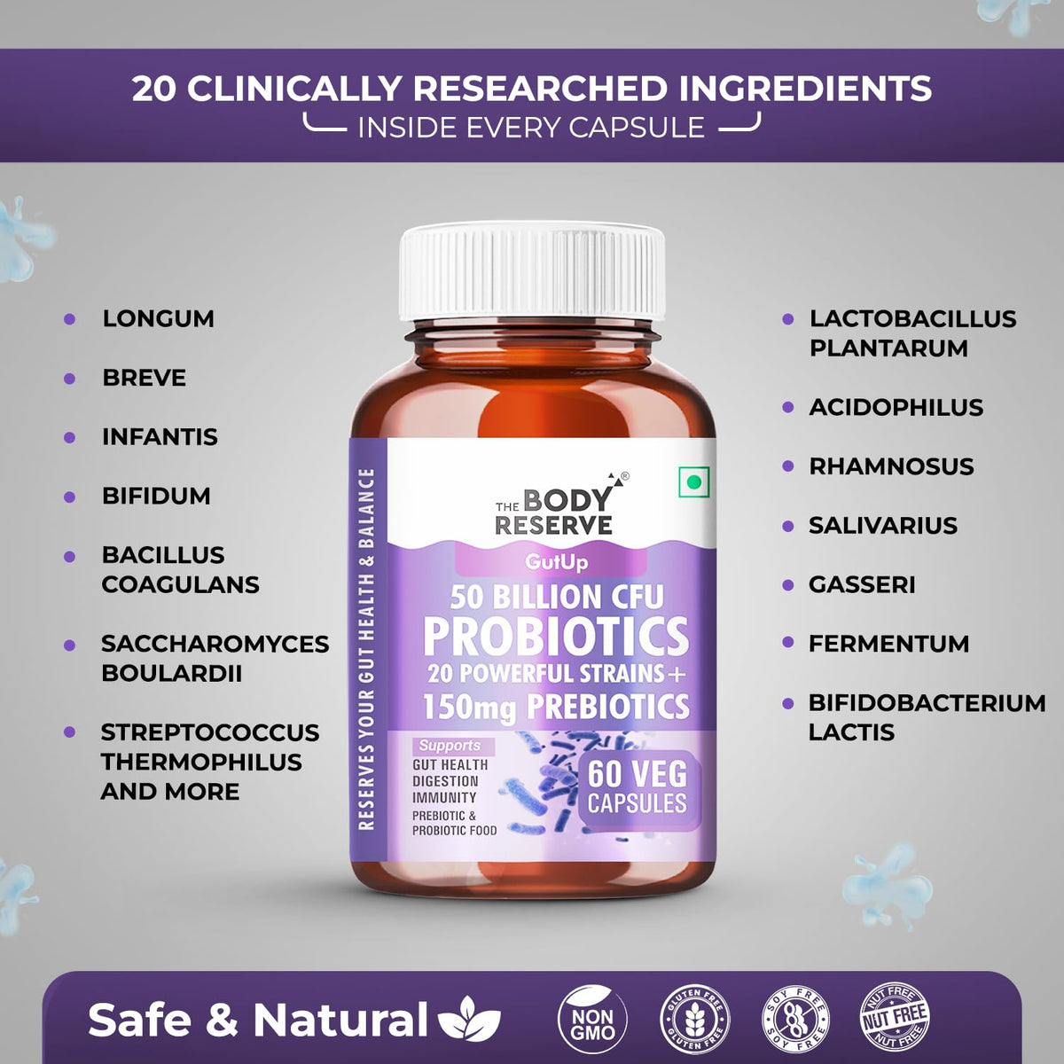 Probiotic supplement bottle with ingredients listed on a gray background