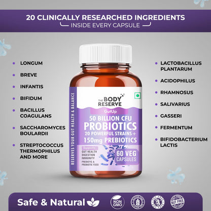 Probiotic supplement bottle with ingredients listed on a gray background