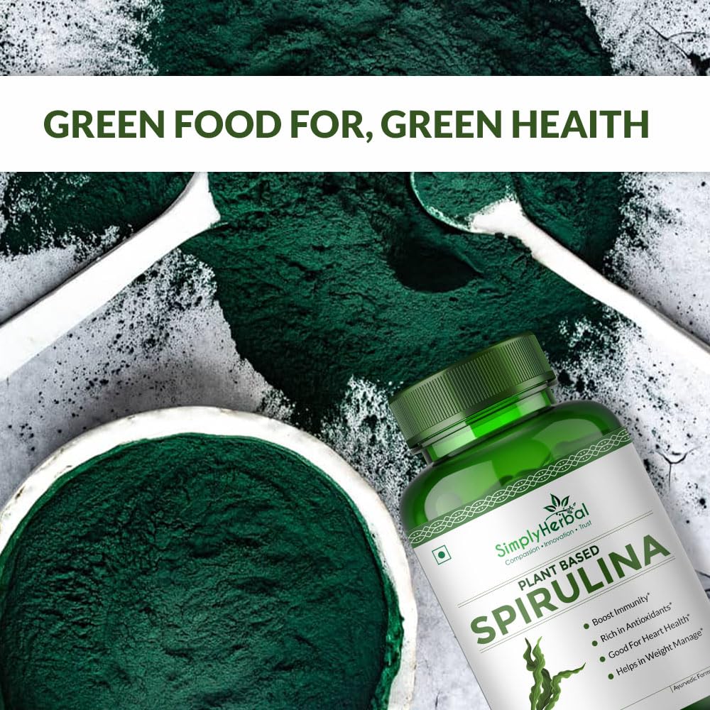 Simply Herbal Spirulina Capsules for Immunity | Natural Super Food and Nutritional Supplement | Green Food for Good Health Weight Management and Immunity Booster – 60 Capsules