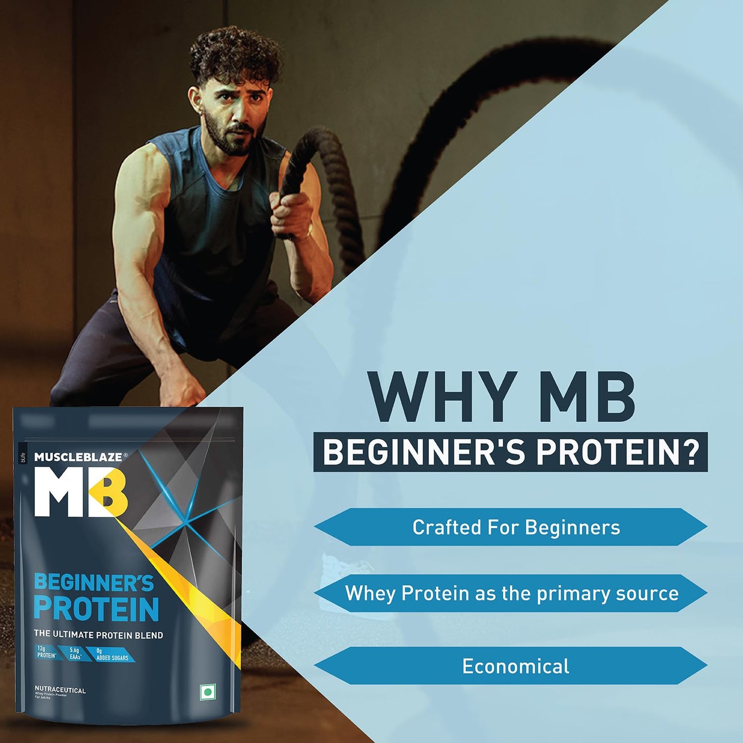MuscleBlaze Beginner's Whey Protein, No Added Sugar, Faster Muscle Recovery & Improved Strength (Chocolate, 500 g / 1.1 lb)