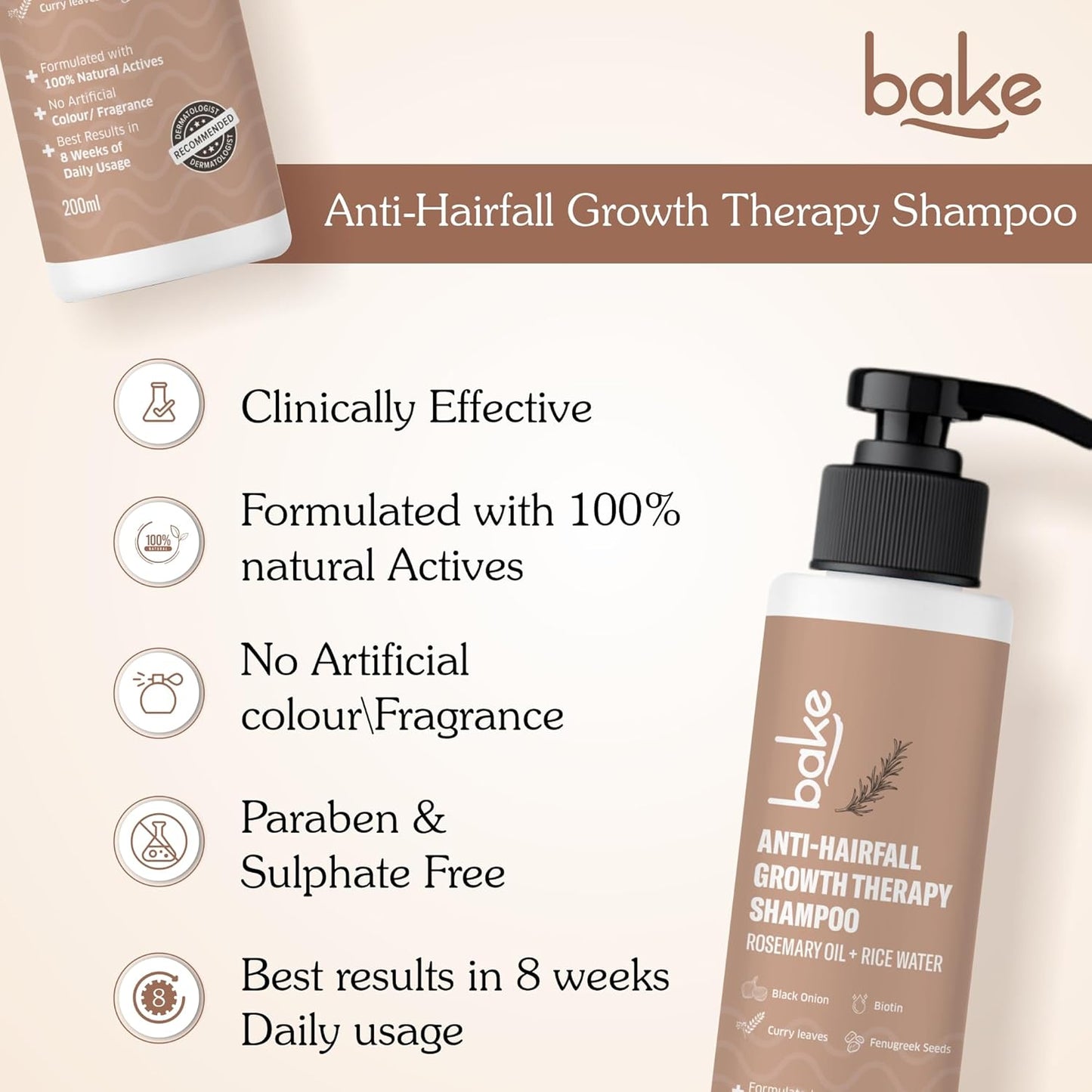 BAKE Rosemary Anti Hair Fall Shampoo for Hair Growth, Hair Fall & Dandruff Control with Black Onion & Methi Dana, Reduces Hair Loss & Prevents Hair Damage, For Men & Women - 200ml