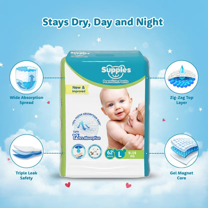 Supples Premium Baby Diaper Pants | 62 Baby Diapers | Large | 9-14 Kg | 12 Hrs Absorption | Cushiony Cotton Soft Fabric | Phthalates-Free | Triple Leak Guard