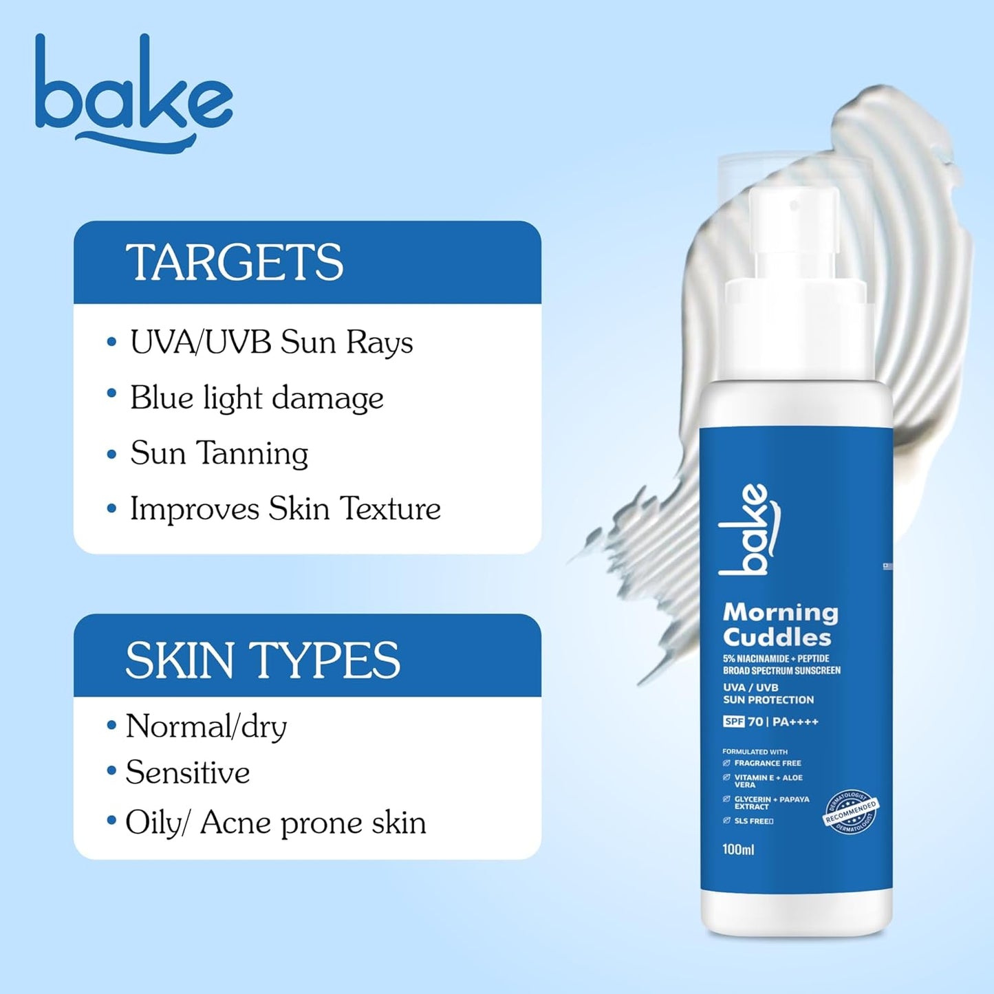 BAKE 100% Mineral Water Resistant Sunscreen SPF 70 PA+++ with 5% Niacinamide, Peptide | Sweat & Water Resistant, UV/A & B, Blue Light Protection | For Oily Acne Prone Skin | For Acne Scars & Dark Spots | Broad Spectrum Sunscreen | No White Cast | 100g