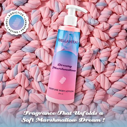 BellaVita perfume body lotion bottle on pink and gray marshmallow background