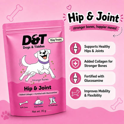 Dogs & Tiddles Hip & Joint Dog Treats for Puppies & Adult Dogs, 70g | Soft & Chewy Real Chicken Treats | with Collagen, Glucosamine & Chondroitin | Supports Mobility