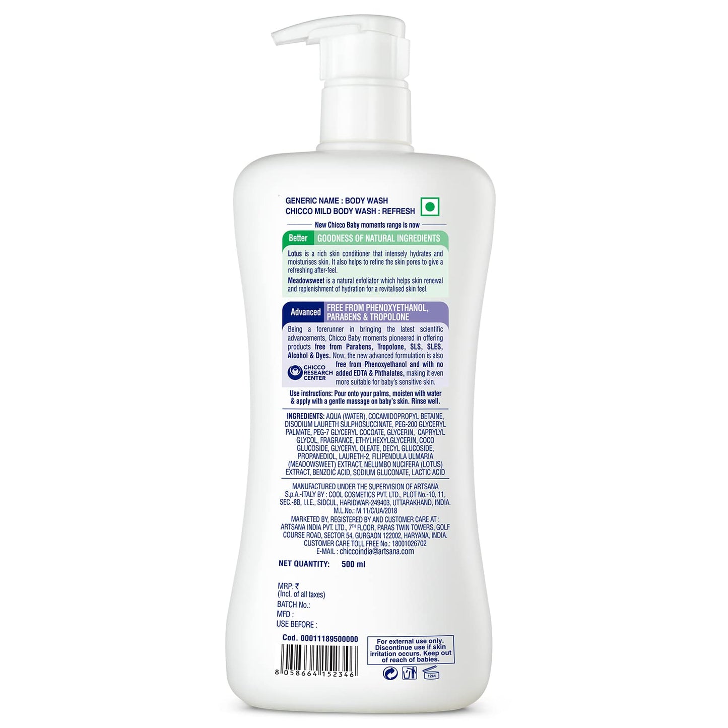 Chicco Baby Moments Mild Body Wash Refresh, New Advanced Formula With Natural Ingredients, No Tears & Soap-Free, Mild Formula For Babys Body Wash, No Phenoxyethanol And Parabens (500Ml)