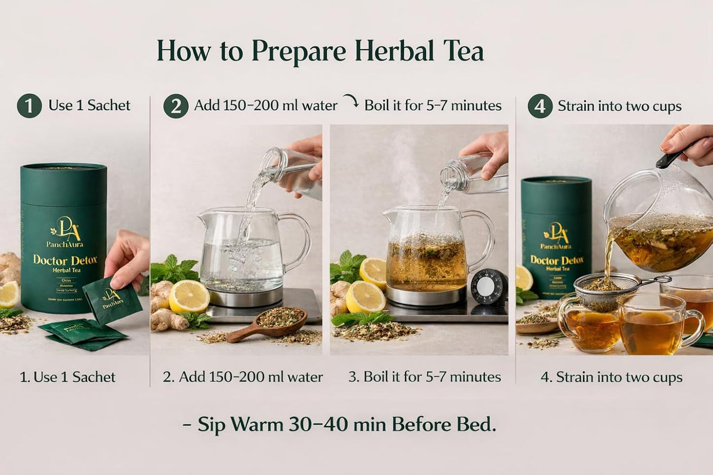 PanchAura Doctor Detox Herbal Tea 60 Cups | Ayurvedic help in Weight Loss, Bloating | Digestion, Gut Health & Immunity | Green Tea, Tulsi, Ginger | Liver Detox & Sleep