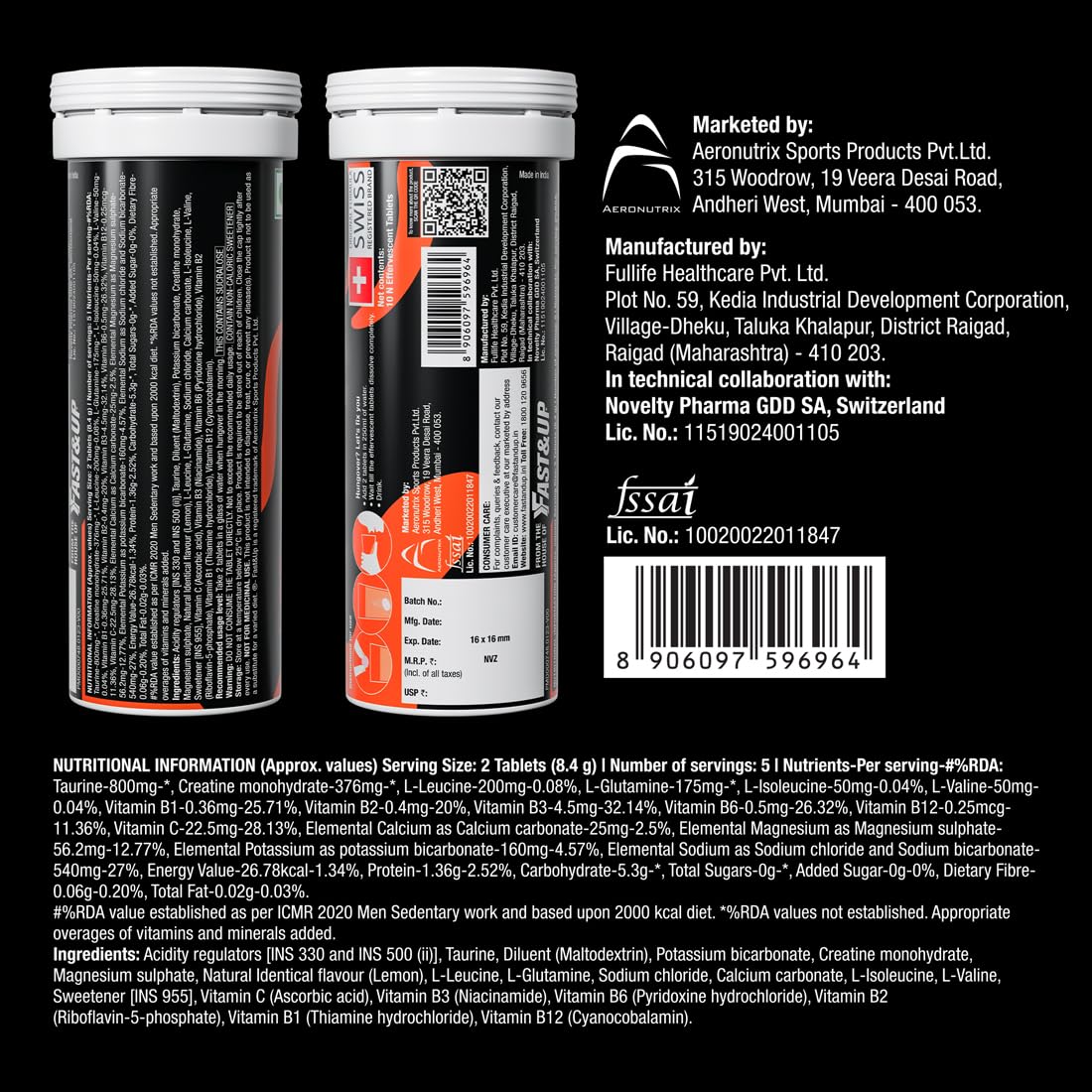 Two supplement tubes with nutritional information and branding details on a black background