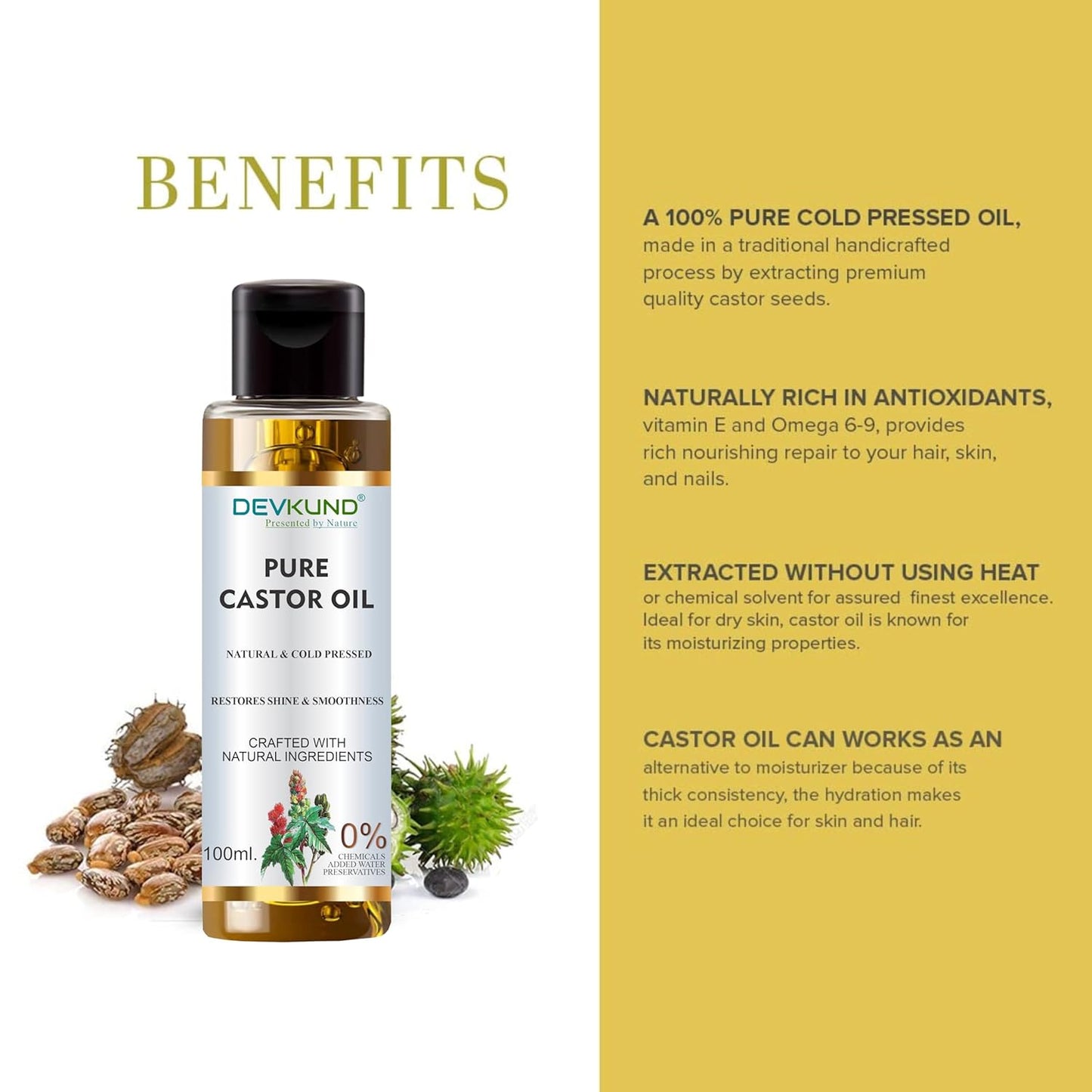Devikund Pure Castor Oil bottle with benefits text on a white and yellow background