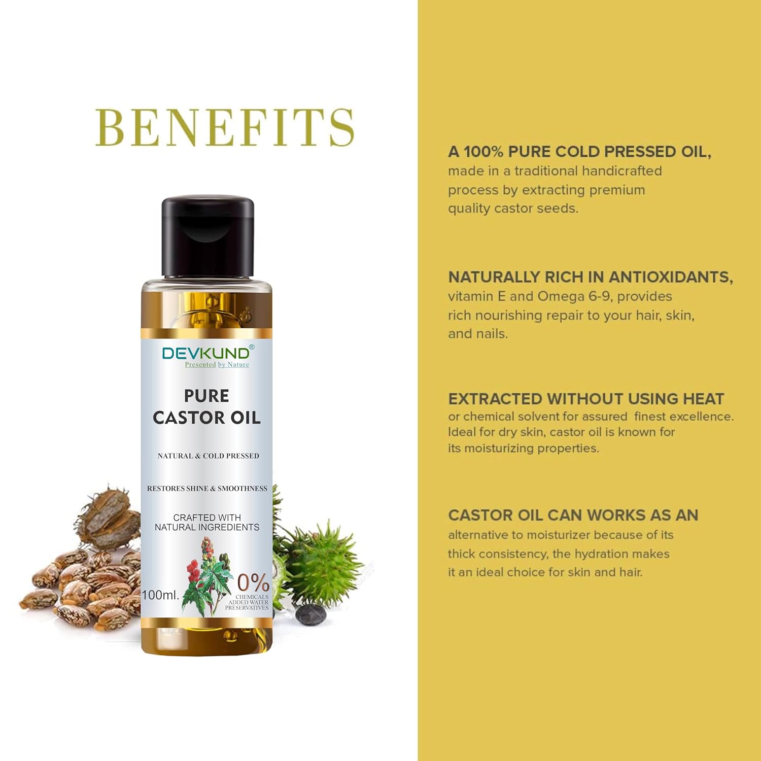 Devikund Pure Castor Oil bottle with benefits text on a white and yellow background