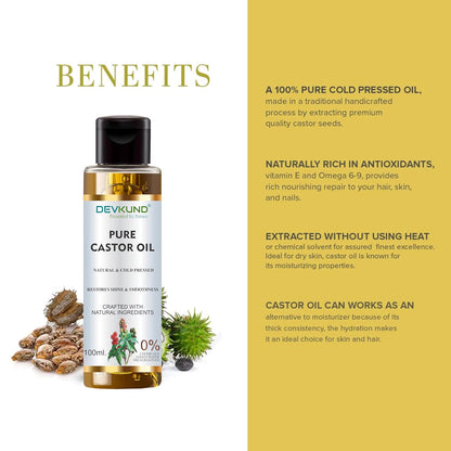 Devikund Pure Castor Oil bottle with benefits text on a white and yellow background