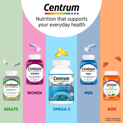 Centrum Omega 3 Fish Oil Capsules 1000mg Supplements | Omega 3 with 180mg EPA, 120mg DHA for Hair and Skin Health, Joint Health, Brain Health | No Fishy Aftertaste - 60 Capsules
