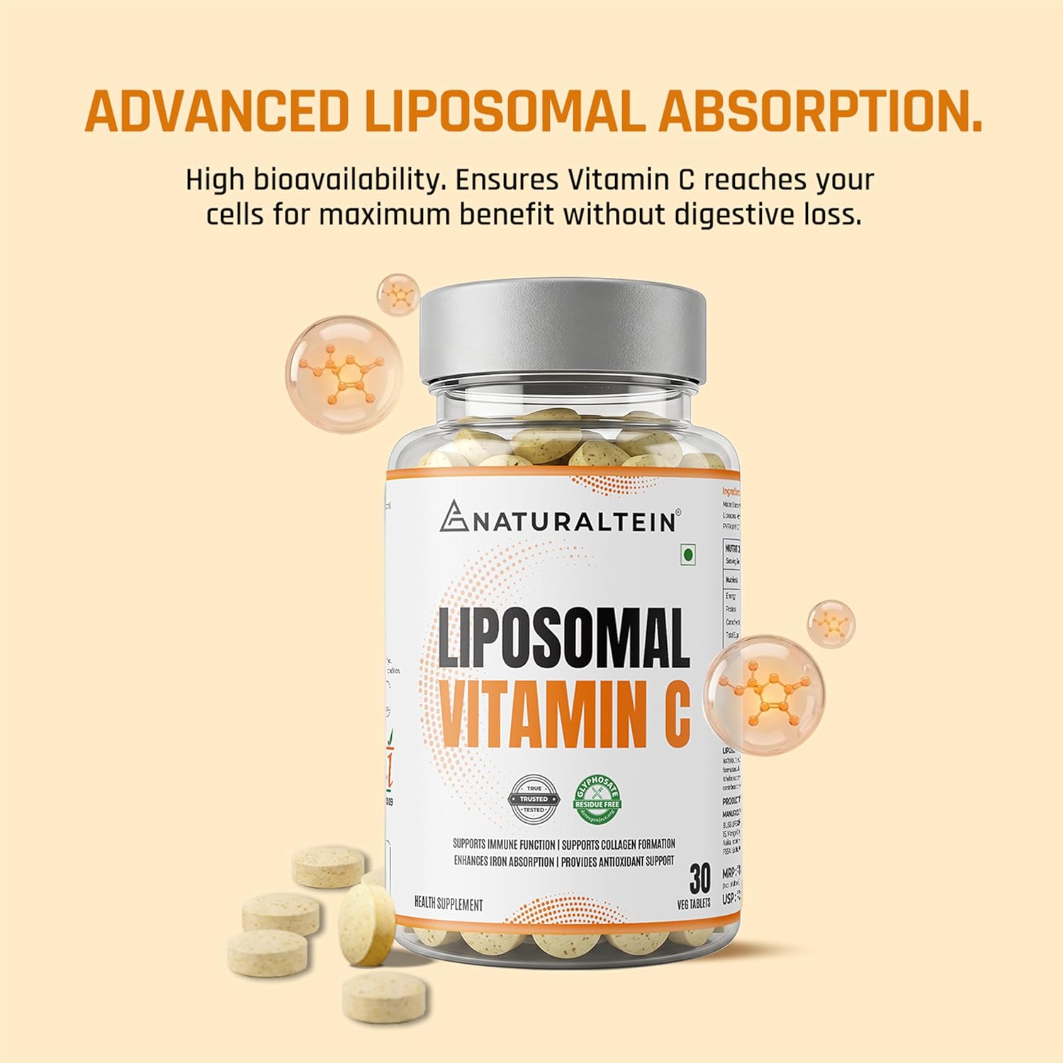 Bottle of Naturaltein Liposomal Vitamin C with text about advanced liposomal absorption on a beige background.