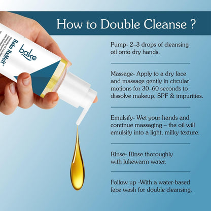 BAKE RxMelt™ Cleansing Oil for Removing Waterproof Makeup & SPF | With 15% Hempseed, 10% Grape Seed Oil, 0.5% Bakuchiol | Removes Impurities & Pore Buildup | Fragrance-Free | For Men & Women – 100ml
