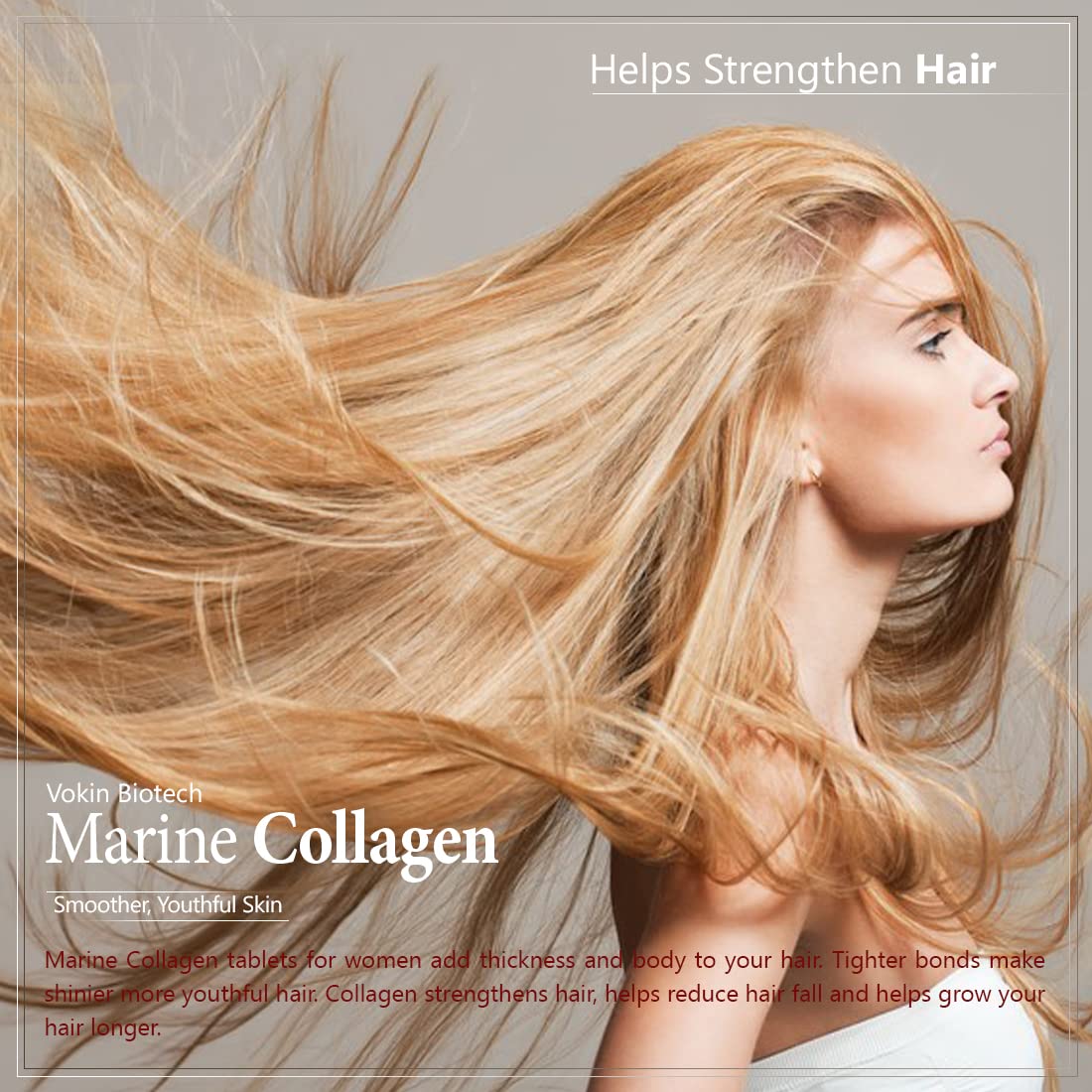 Woman with long blonde hair, promoting Marine Collagen for hair health.