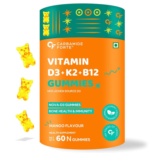 Carbamide Forte Vitamin D3 K2 B12 Gummies | Vitamin B12 Supplements | B12 Supplements For Bone Health & Immunity | Veg Lichen Source D3 Supplement | Mango Flavoured - 60 Gummies