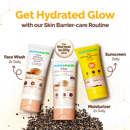 Mamaearth Chia Oil-Free Sunscreen with Chia Seed & Ceramides for Hydrated Glow & Sun Protection - 50g | SPF50 PA++++ | Oil-Free Formula for Normal to Oily Skin | UVA/B Protection | Tan Protection | No White Cast | InVivo Tested | Healthy Skin Barrier