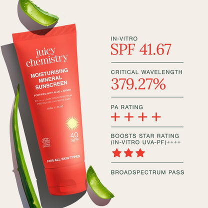 Juicy Chemistry Moisturising Mineral Sunscreen SPF 40 PA+++ with Aloe Vera & Argan Oil, 50g | Lightweight, Non-Greasy, Broad Spectrum Protection | Kids & Pregnancy Safe | No White Cast