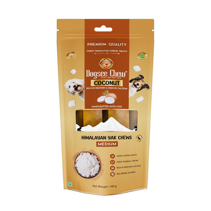Dogsee Flavored Himalayan Yak Cheese Dental Chews for Dogs 140g (Medium - 2 Chews) | for Healthy Skin & Coat | No Grain, No Gluten | Odorless Dog Treats (Medium, Coconut)
