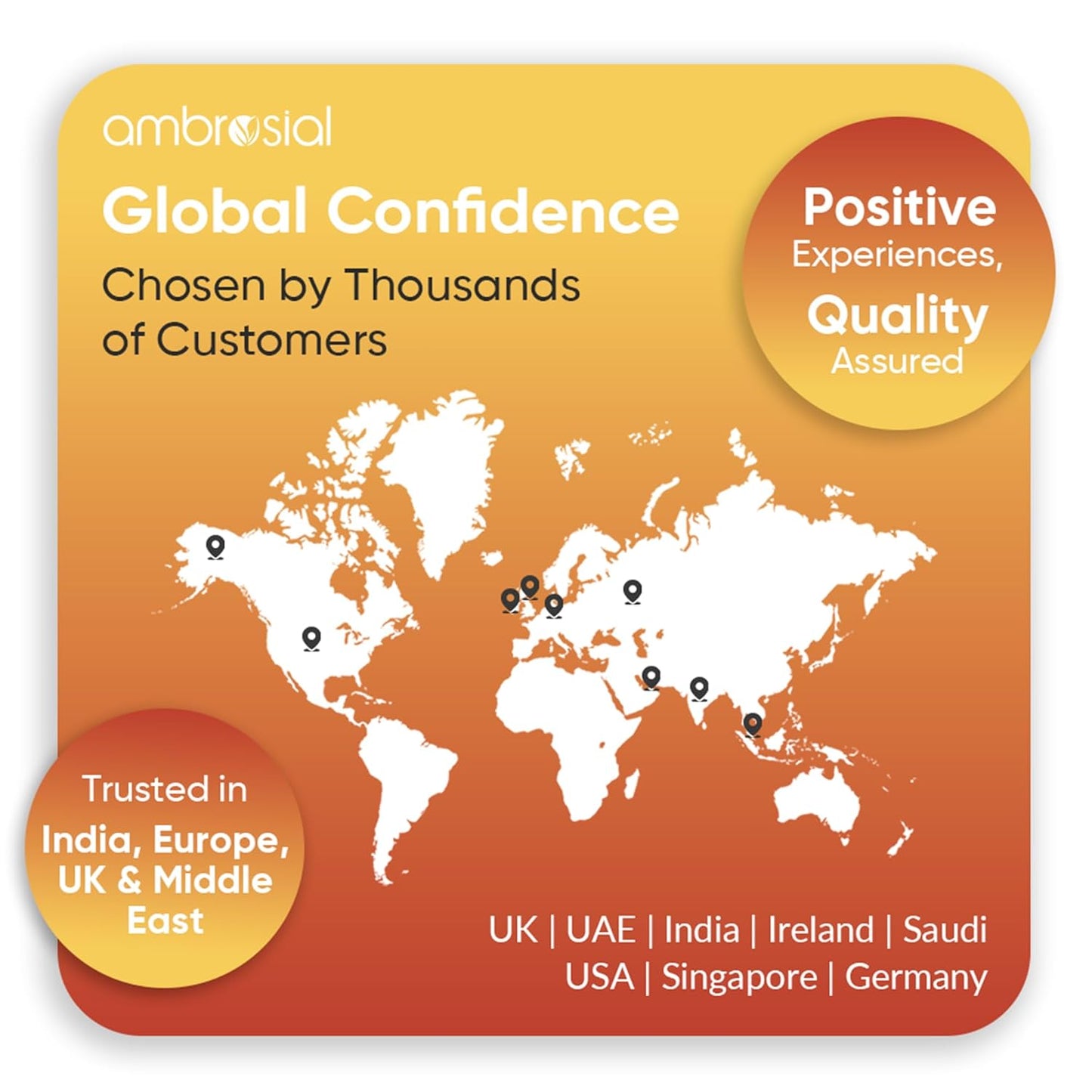 World map on an orange background with Ambrosial branding and text about global confidence and customer trust.