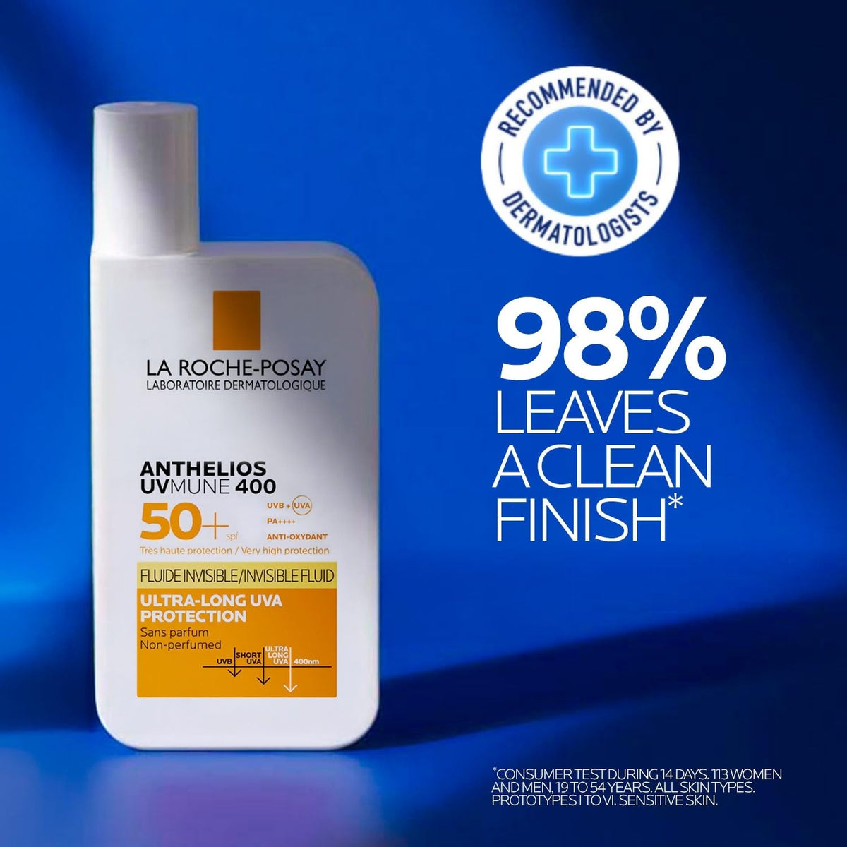 La Roche-Posay sunscreen bottle with dermatologist recommendation on a blue background