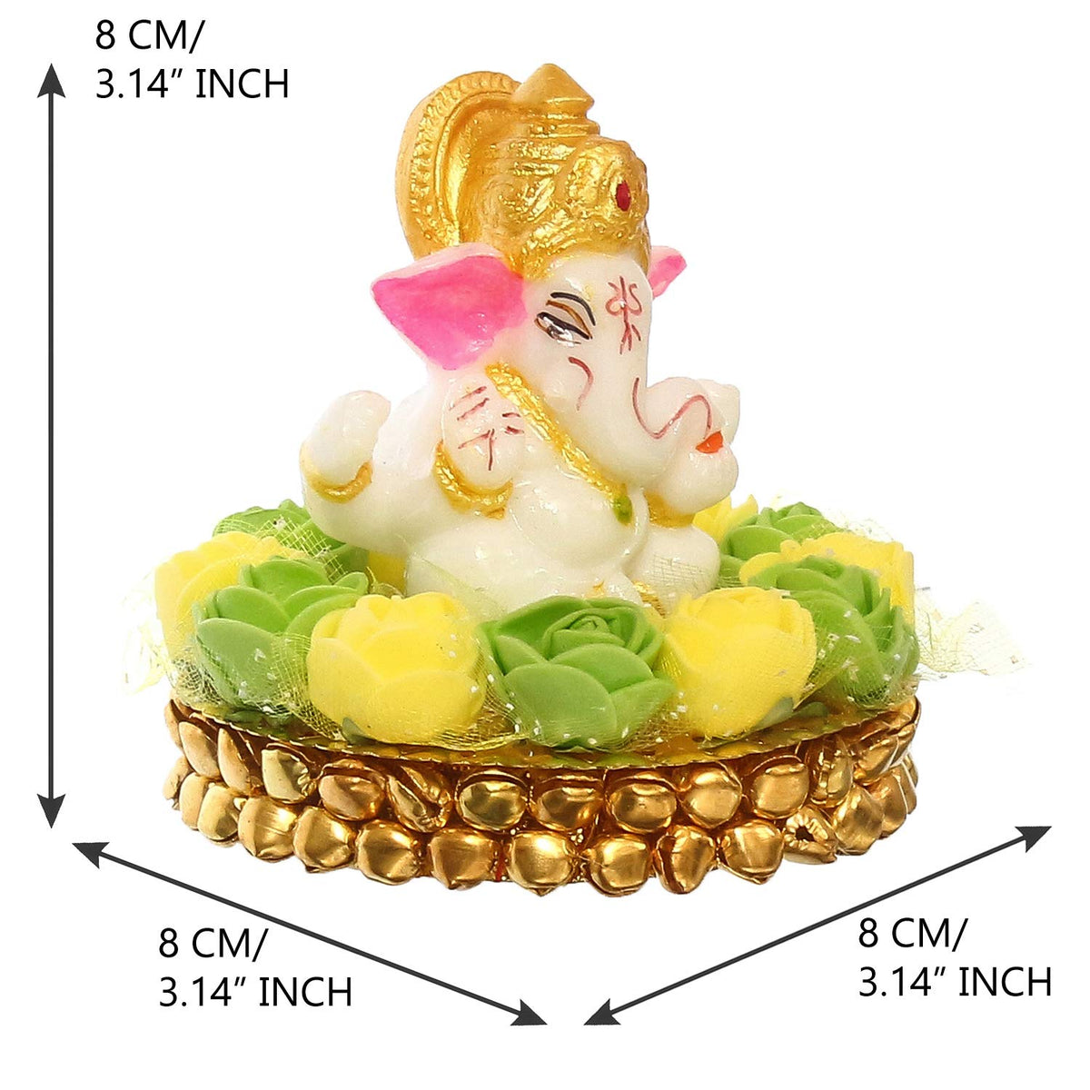 Lord Ganesha Idol on Decorative Handcrafted Plate with Green and Yellow Flowers