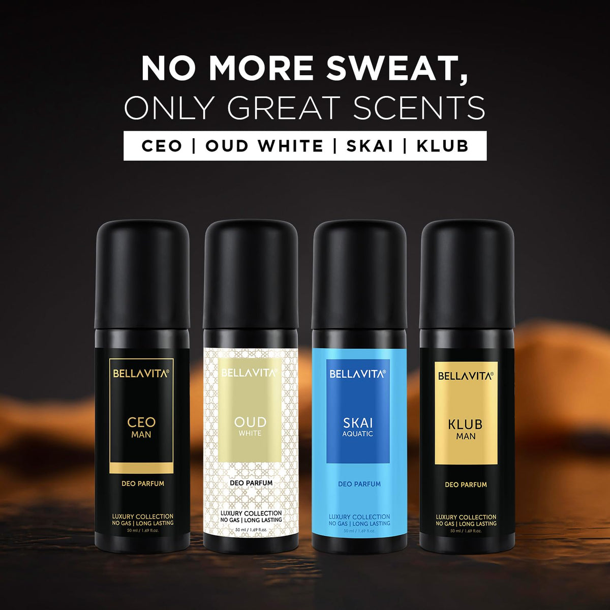 Four deodorant bottles with labels on a dark background, featuring the brand 'Bellavita'.