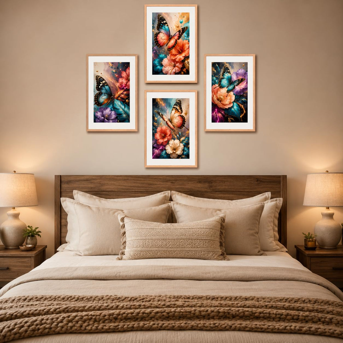 Set of 4 Butterfly Floral Wall Paintings with Sparkle Laminate and Premium Wooden Synthetic Frame for Living Room Bedroom Office Decor (13.5 x 19.5 Inch)