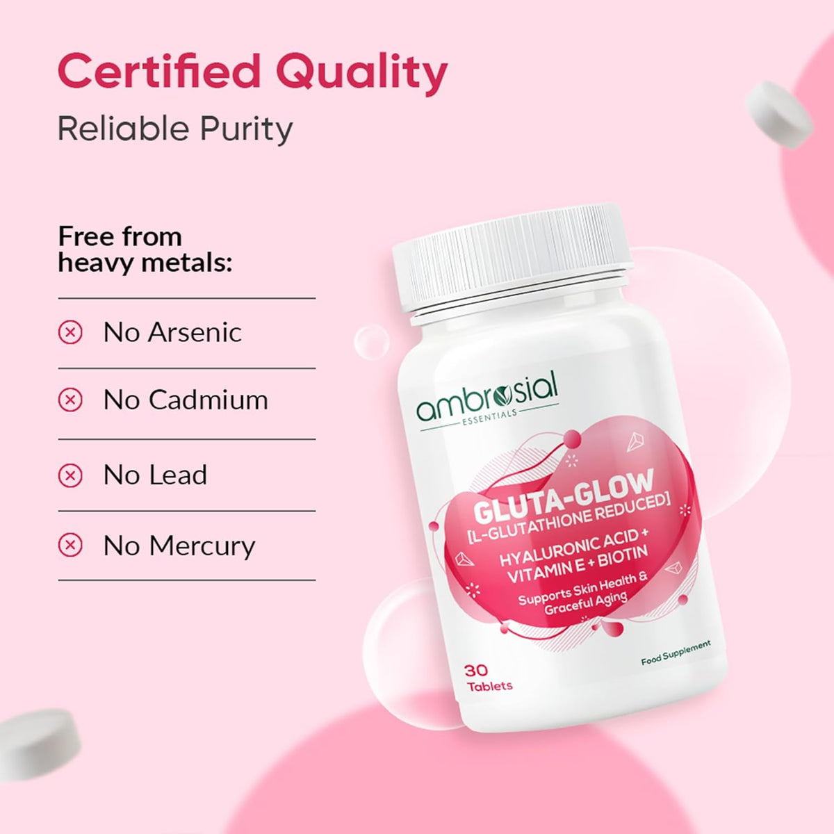 Ambrosial Gluta-Glow supplement bottle on a pink background with certified quality text.