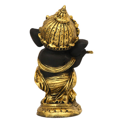 Golden And Black Polyresin Lord Ganesha Idol Playing Flute Musical Instrument Decorative Showpiece - Ideal For Home, Office Decor - Gift For Diwali, Birthday, Ganesh Chaturthi Celebrations