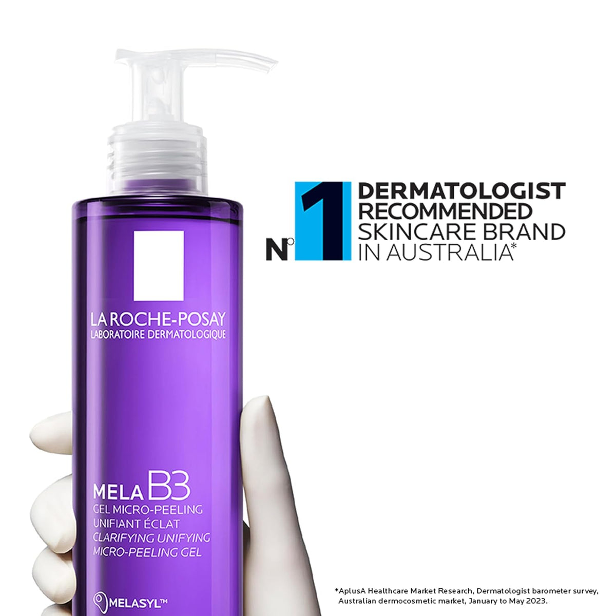Purple bottle of La Roche-Posay Mela B3 skincare gel with brand logo and text on a white background