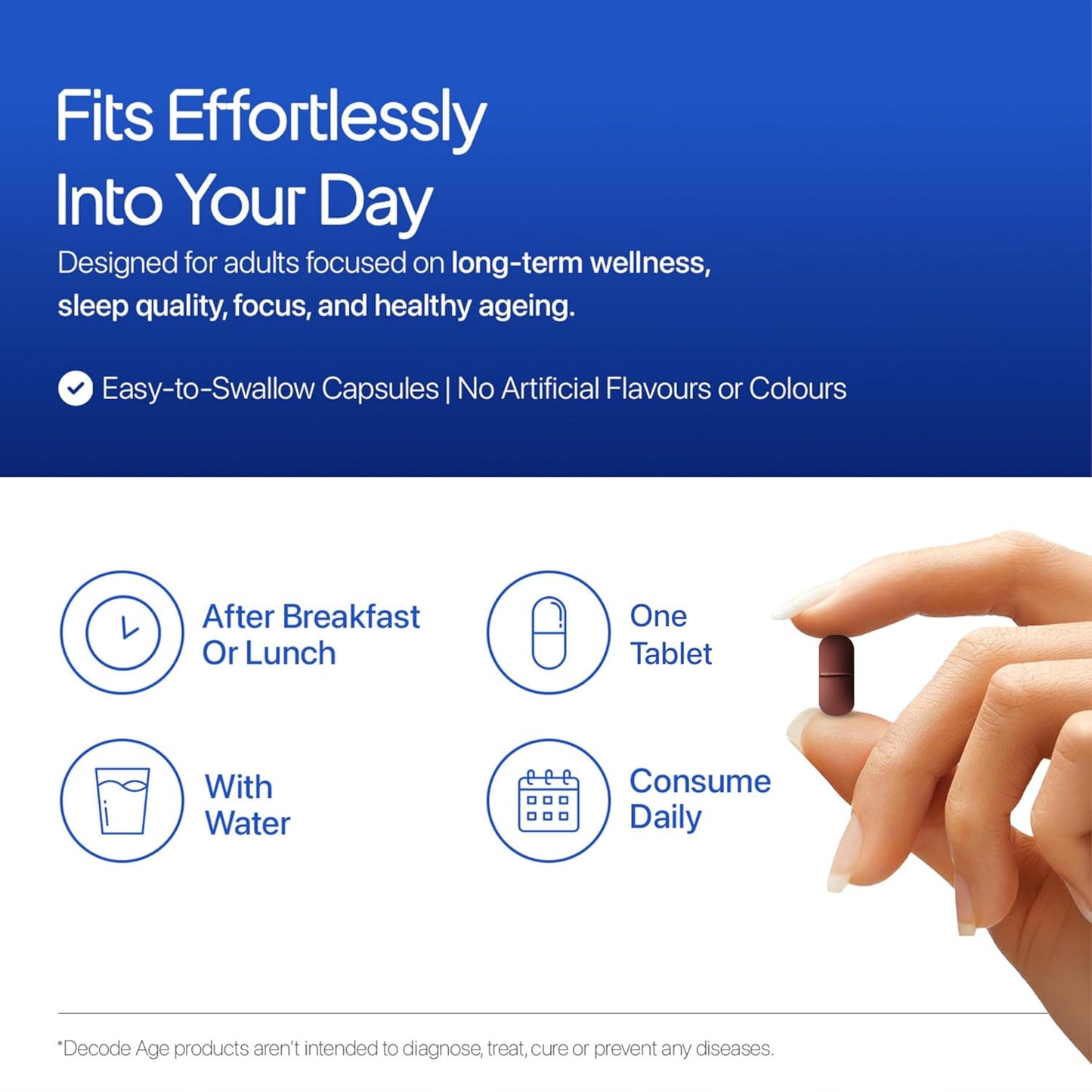 Product advertisement for a supplement with text about long-term wellness and ease of use.