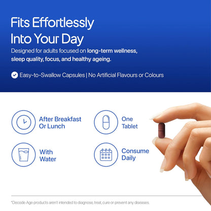 Product advertisement for a supplement with text about long-term wellness and ease of use.