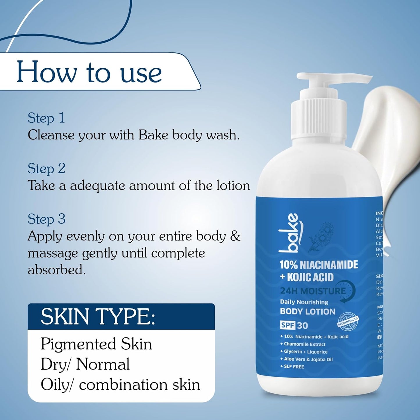 BAKE 10% Niacinamide Body Lotion SPF 30 with Kojic Acid for Acne Marks & Dark Spots, Pigmentation, Tan Removal | For Women & Men | 200ml