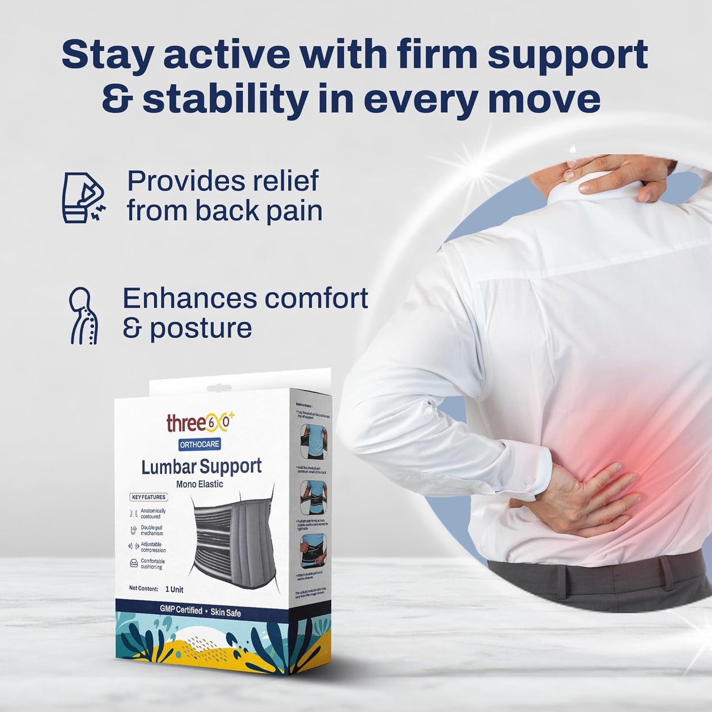 three60+ Back Pain Relief Belt | Waist Belt for Back Pain for Woman & Men | Lumbar Support with Adjustable Strap to Improve Posture, Spine Alignment | Size M - (32-36 Inch) | 1 Unit