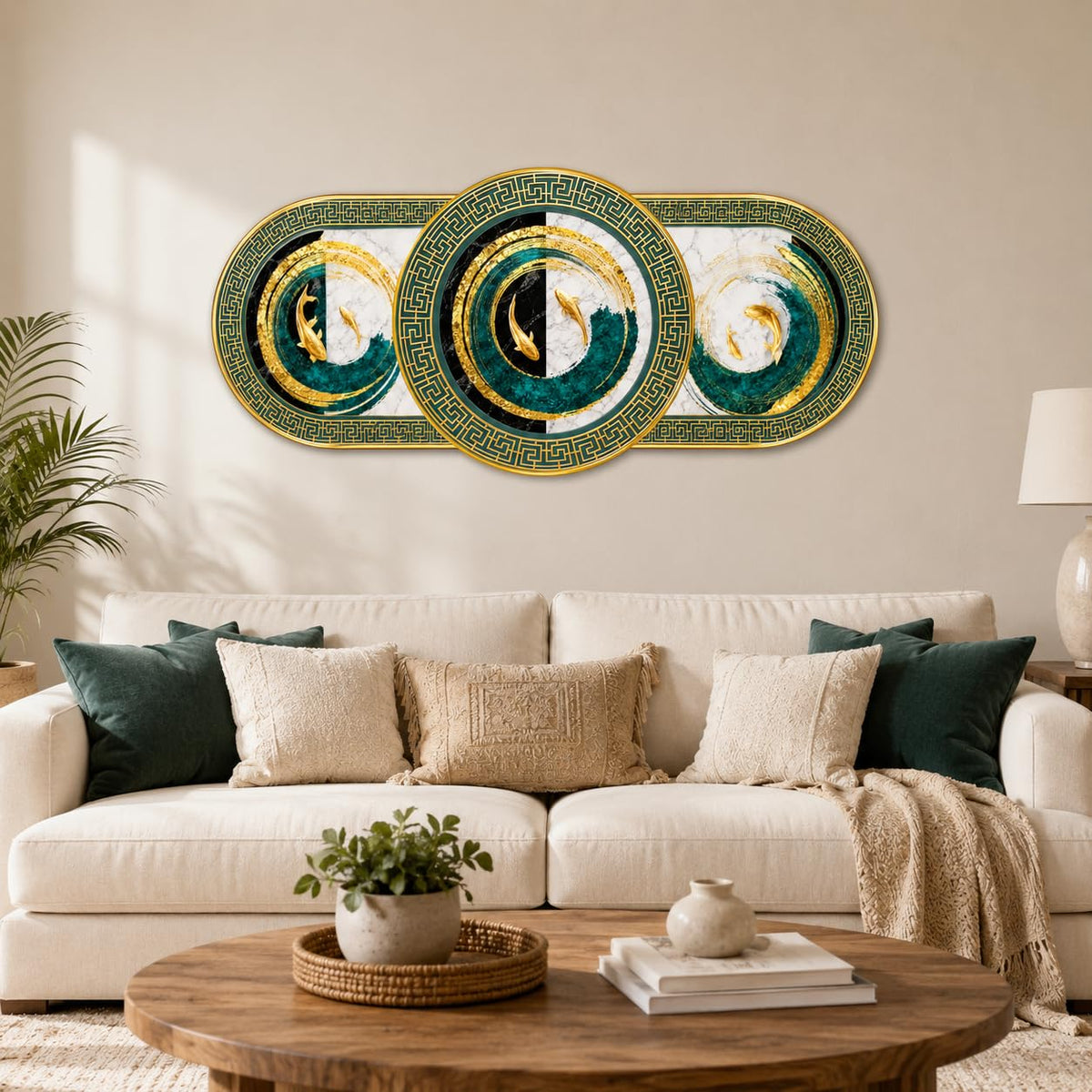 Golden Koi Fish Abstract Wall Painting for Living Room Bedroom Kids Room Decor, Teal Marble Round Art with Premium PVC Golden Frame (16 x 35 Inch)