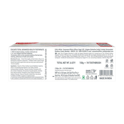 Colgate Total 150 Grams Advanced Health Antibacterial Toothpaste With 12-Hour Anti-Germ Protection & Enamel Protection for Whole Mouth Health, World'S No.1* Germ-Fighting